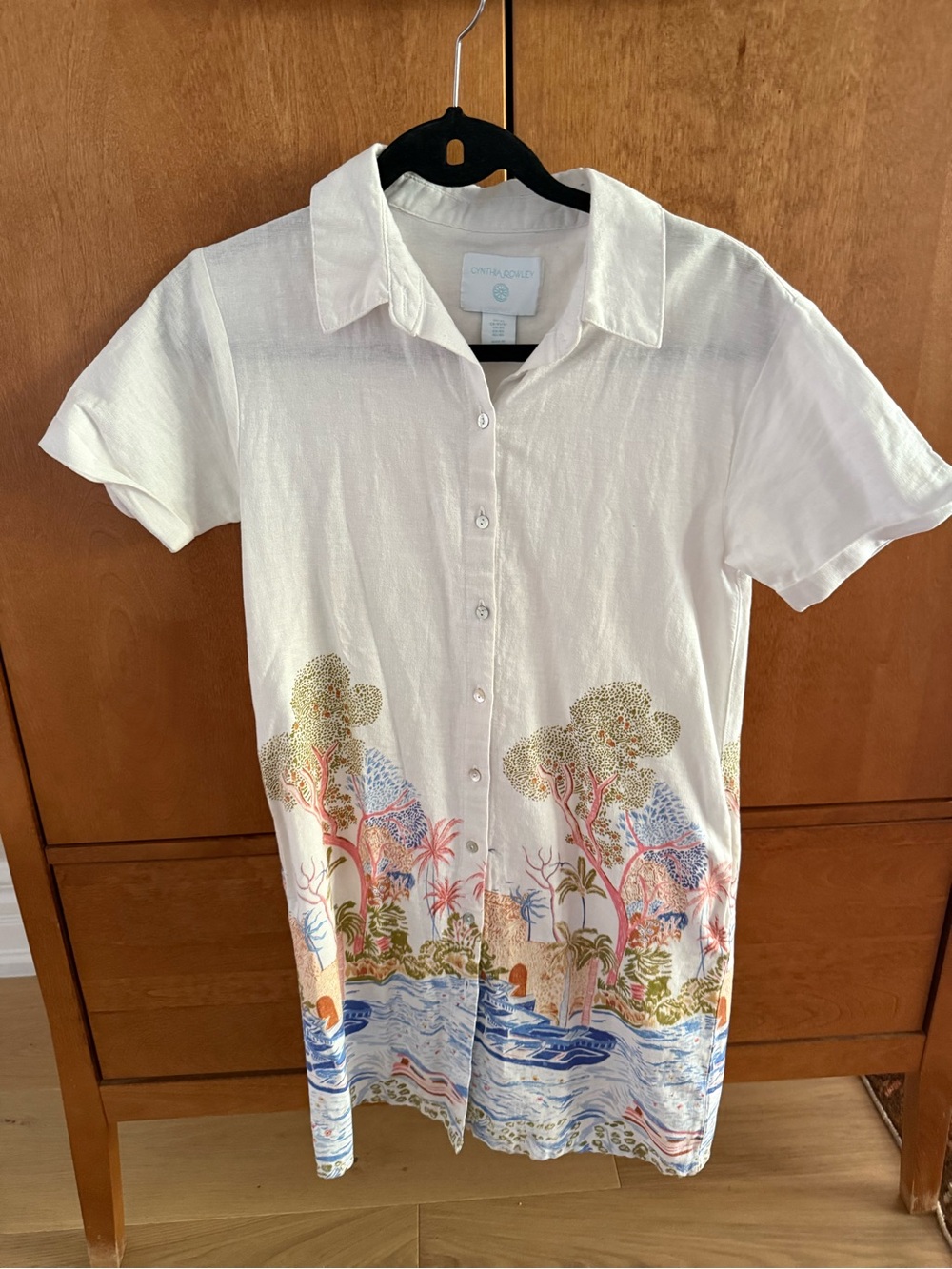 Linen White Short-Sleeve Button-Front Shirt dress with Multicolor Scenic Print